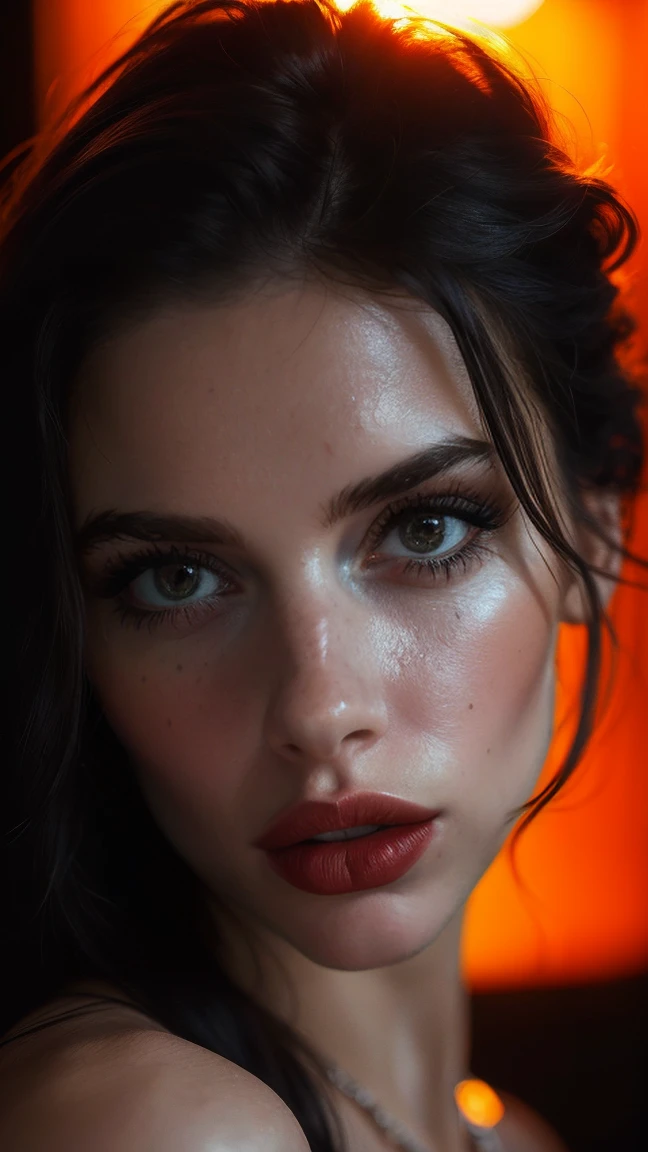 (((surreal))) photo, masterpiece, top quality, (pale skin), (Super detailed face and eyes:1.3), 1 girl, aldult, Wearing a black T-shirt, A necklace hangs from the chest, necklace cleavage, (eye makeup, black mascara) , ((Large, delicate lips)), ((dark curly hair)), ((Chiolca)) , (natural breasts), ((pose)), photo, (Side light), (The game of light and shadow), depth of field, bokeh, (Special attention to skin details: 1.2), detailed leather texture, skin pores. (frame dark atmosphere. Color range - black, tangerine, Red, tune), Dlm grain), (Rays), ((glare)), ((portrait, close to camera)) , Super detailed,
