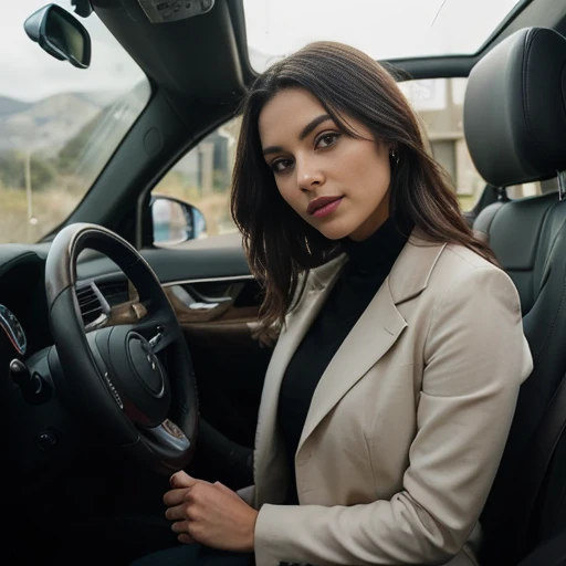 This captivating portrait showcases an alluring, glamorous individual behind the wheel of a high-end vehicle. The subject's striking features, including her smoky eye makeup and full, glossy lips, command attention, exuding a sense of confidence and poise.
The subject's gaze, directed intently at the camera, conveys a captivating intensity, as if she is deeply focused on the task at hand. Her hands, delicately placed on the steering wheel, further accentuate her elegant, refined presence.
The interior of the vehicle, with its sleek, modern design and array of digital controls, provides a visually striking backdrop that complements the subject's sophisticated, tech-savvy persona. The muted, earthy tones of her patterned jacket add a touch of warmth and depth to the overall composition.
The natural, lush scenery visible through the windshield suggests a journey through a picturesque, serene landscape, creating a sense of exploration and adventure that further enhances the allure of the subject's lifestyle.
This portrait successfully captures the subject's captivating blend of beauty, confidence, and technological prowess, inviting the viewer to imagine the intriguing stories and experiences that may unfold within the confines of the luxurious, high-end vehicle.