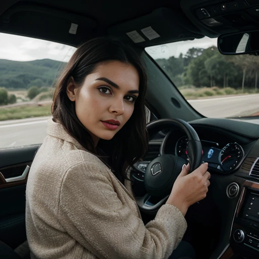 Belle brune aux reflets blonds, qui porte un haut noir (dans une voiture de luxe), very detailed, 22 ans, Visage innocent, Natureal wavy hair, yeux bleus, high resolution, Chef-d'artwork, best quality, High level of complex detail, very detailed, sharpness, detailed skin, realistic skin texture, texture, detailed eyes, Professionnel, 4k, Sourire charmant, filmed with iphone, corps parfaitement ajusté, extremely detailed, Photor_\(ultra\), photorealistic, realistic, Après traitement, Maximum details, roughness, la vraie vie, ultra realist, photorealism, Photo, 8K UHD, Photo, ((selfie du haut du corps, heureux)), Chef-d'artwork, best quality, Ultra detailed, je suis brin, (label), Ombre, contraste, ciel clair, Style, (Ton chaud, Tonne plus chaude: 1.2), Fermer, Cinematic light, Side lighting, ultrahigh resolution, bester Ombre, ROH, partie du visage, serious look, seins normaux, 4k, Nature, Super, jupe courte, la route, Italie