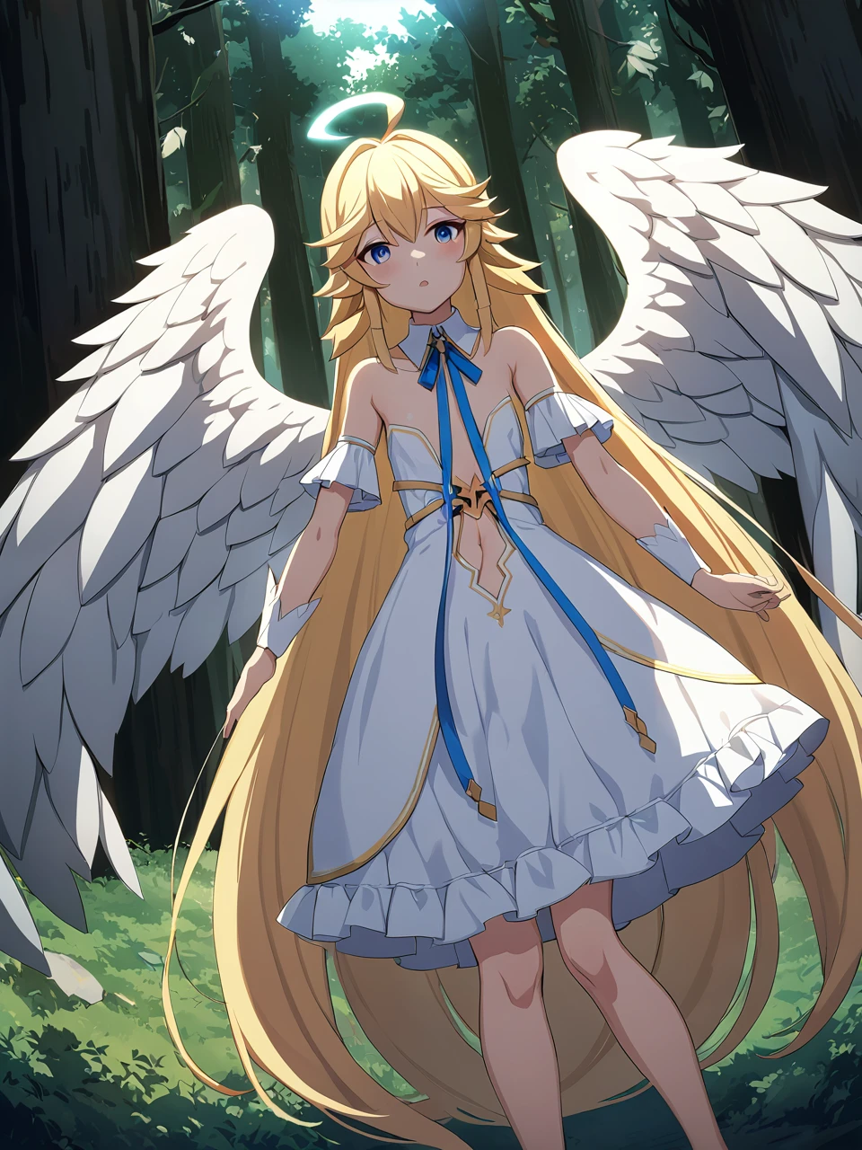 Zaora, blue eyes, (Variegated eyes:0.5), Blonde, Very long hair, Twin Blade, bangs, Ahoge, Hello, Angel, Flat Chest, White Dress, Belly button cutout, Detachable collar, Strapless, Neck ribbon, Bare shoulders, Angel wings, barefoot, One girl, Solo Break Space, forest, Depth of written boundary, Cinematic, masterpiece, Highest quality, Game CG
 