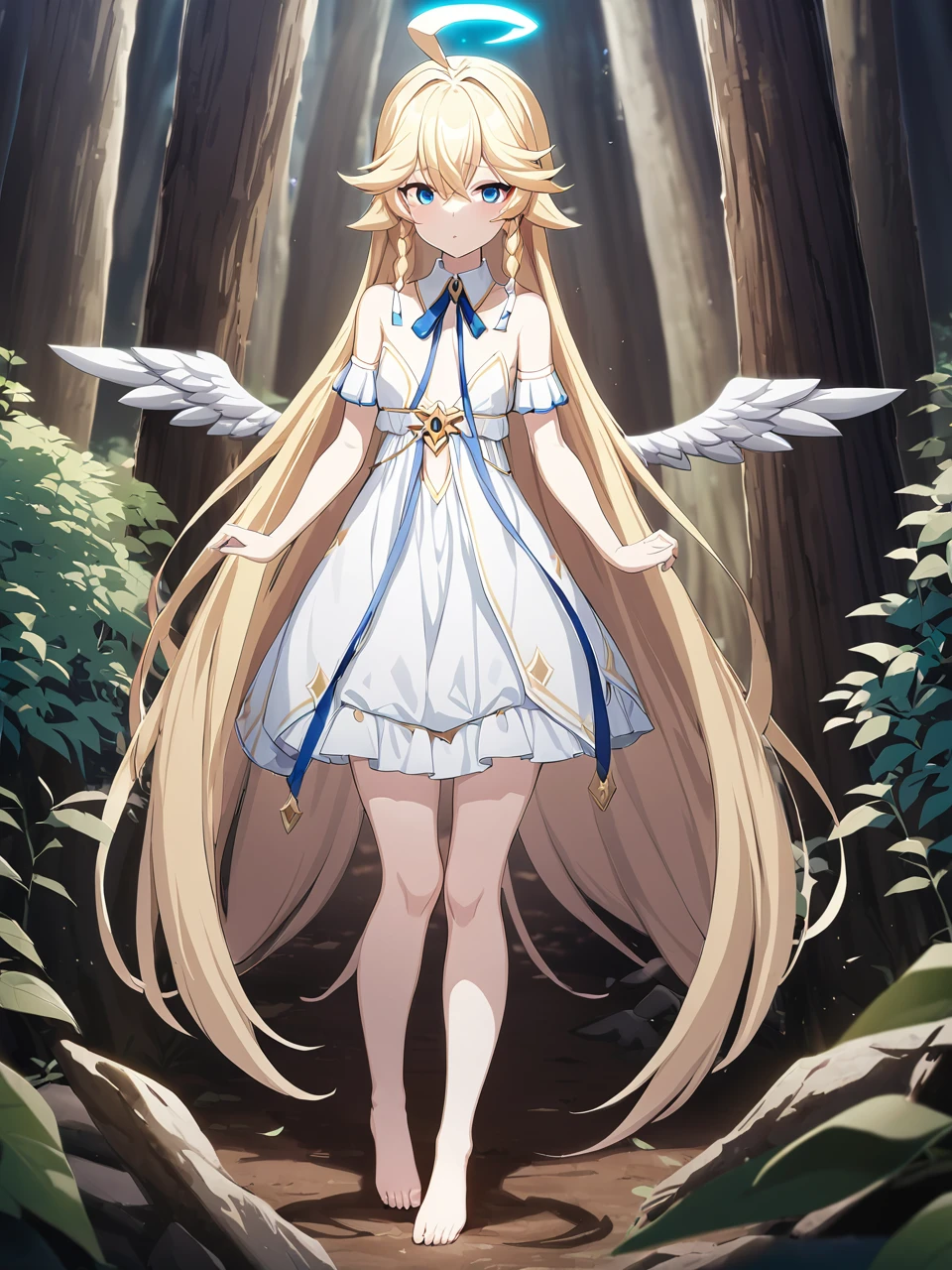 Zaora, blue eyes, (Variegated eyes:0.5), Blonde, Very long hair, Twin Blade, bangs, Ahoge, Hello, Angel, Flat Chest, White Dress, Belly button cutout, Detachable collar, Strapless, Neck ribbon, Bare shoulders, Angel wings, barefoot, One girl, Solo Break Space, forest, Depth of written boundary, Cinematic, masterpiece, Highest quality, Game CG
 