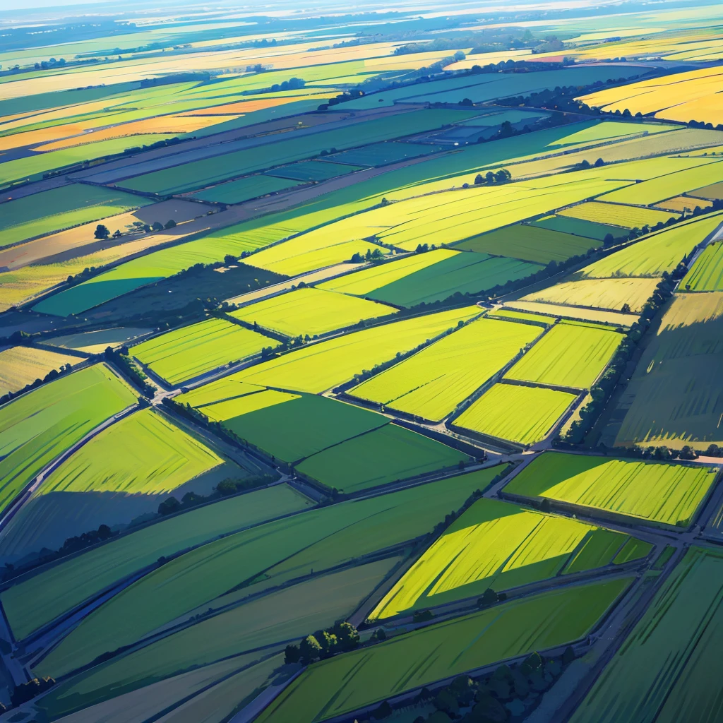 Generates a beautiful landscape image of a field illuminated with many flowers from above