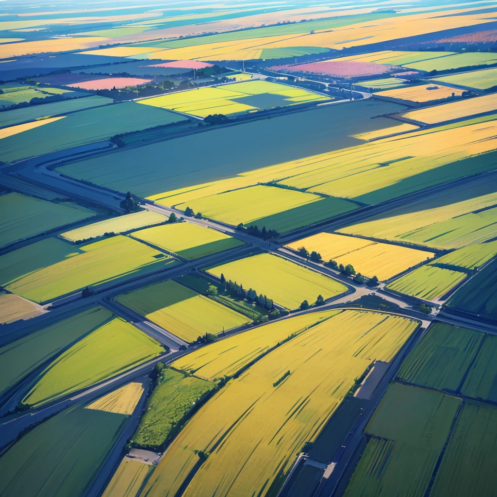Generates a beautiful landscape image of a field illuminated with many flowers from above