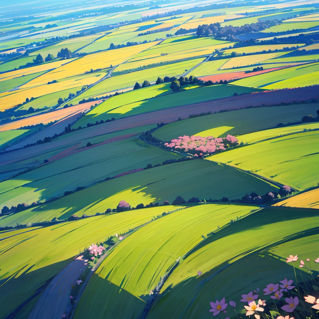 Generates a beautiful landscape image of a field illuminated with many flowers from above