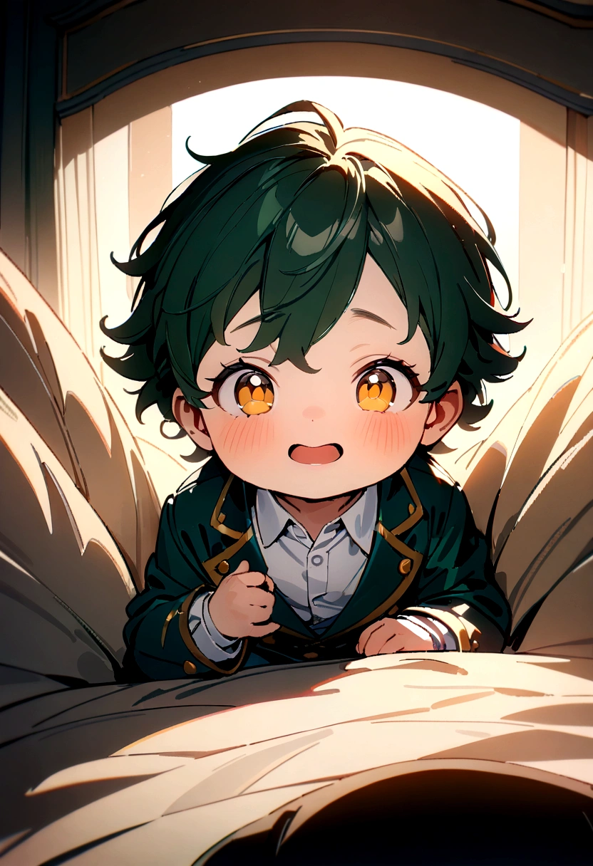 a baby boy with dark green hair, yellow eyes, wearing a prince suit jacket and pants, (best quality,4k,8k,highres,masterpiece:1.2),ultra-detailed, adorable expression, peaceful, soft lighting,