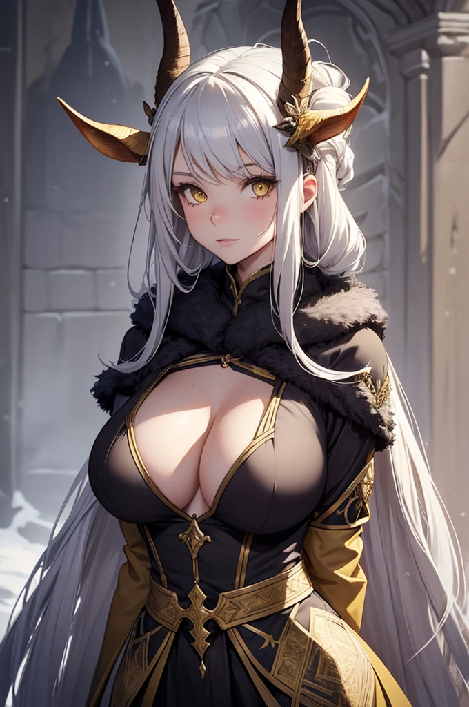 beautiful faun girl 25 years old, measures 185 cm antelope horns, huge breasts, gray hair tied up, medieval fantasy winter clothes and yellow eyes on full body