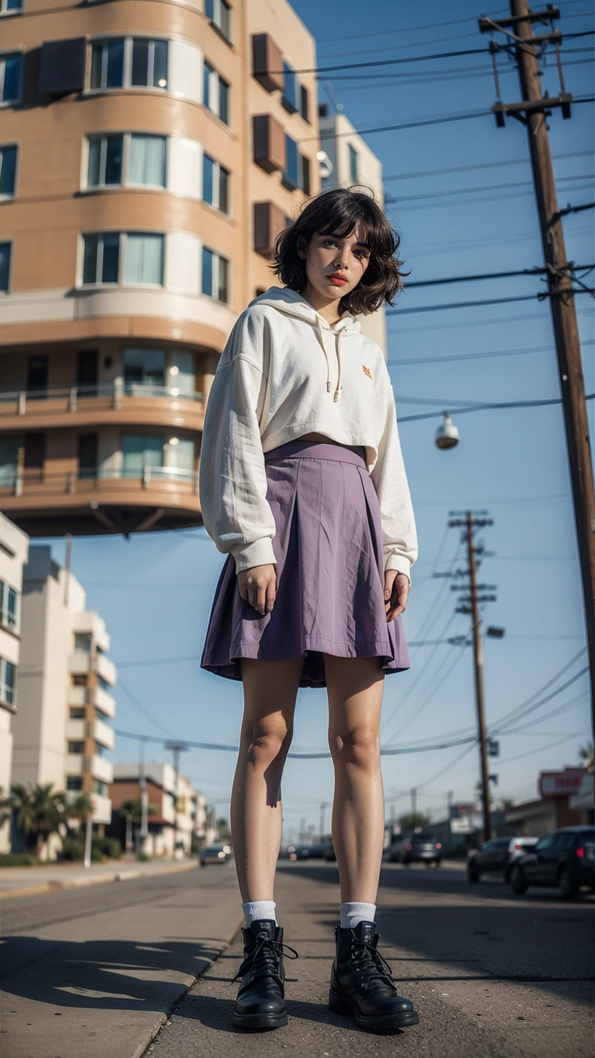long shot portrait of cute 23 yo girl, happy body shape ,wear ((orange color oversized hoodie)), wear ((purple tennis skirt)),looking front,Best Quality,Masterpiece,Ultra High Resolution,(Realisticity:1.4),Original Photo, 1Girl, light leak,ultra high resolution,UHD,beautiful, (black bob hair), almond eye, no makeup, in front of (80's mondrian architecture motel), (realistic:1.2), (surreal:1.3), (very detailed:1.1), ((masterpiece)),summer, blue sky, palm trees,sunny, los angles vibes,film camera, 800mm lens,style of Philip Lorca diCorcia