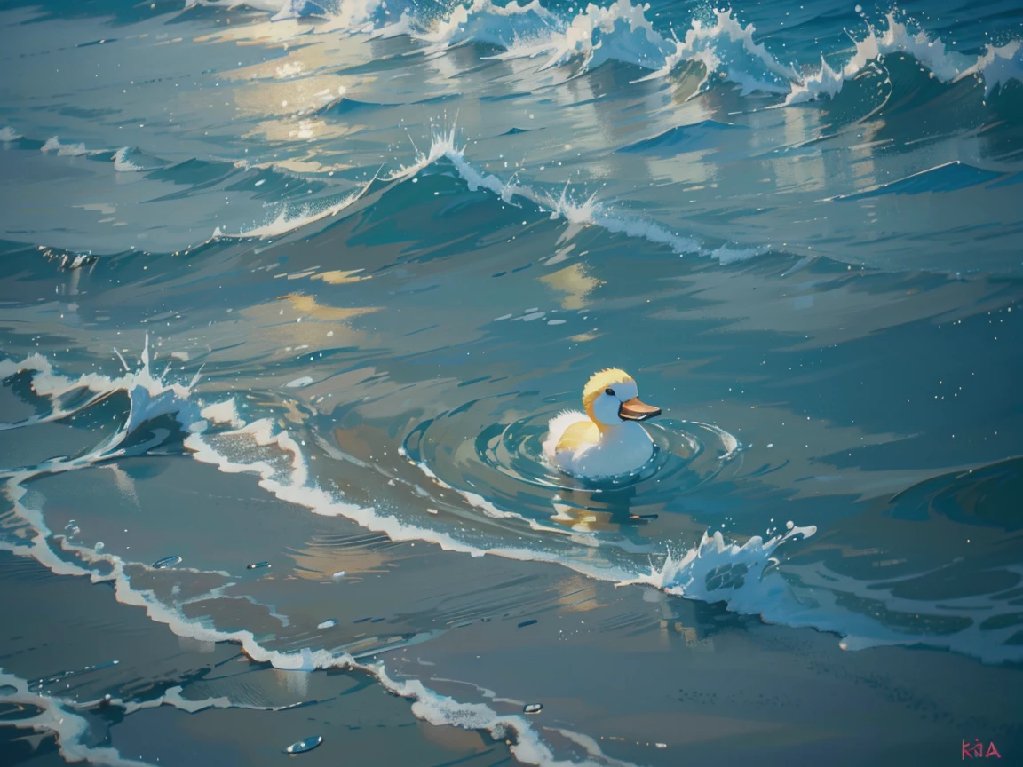 A duckling swimming on the water beautiful colors, on the edge of the sand 