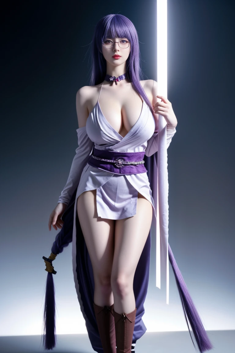 best quality, tmasterpiece,Ultra-high resolution,Clear face,(Reality:1.4),ferpect lighting,(full body shot), (photorealistic:1.50), anime wallpaper, Guviz style artwork, cover-up fantasy up to magic , by Yang J, Guviz, beautiful artwork illustration, beautiful digital artwork, beautiful digital illustration, Li Song, beautiful anime portrait, art style in Beauvot, Raiden, Braided blunt bangs (mid-chest: 1.4) cleavage Hair accessory, (light purple hair: 1.4) Very long hair, straight hair, delicate face, cold face, (subtle chin: 0.85), the audience stares, eyes beautiful, purple eyes, detailed eyes, bright lighting, front lighting, (((super giant breasts: 1.7))), ((sagging breasts:1.5)), (Indoor background), (Glasses), (Wearing glasses:1.3),(((Naked:1.10))),(((Not wearing clothes)))