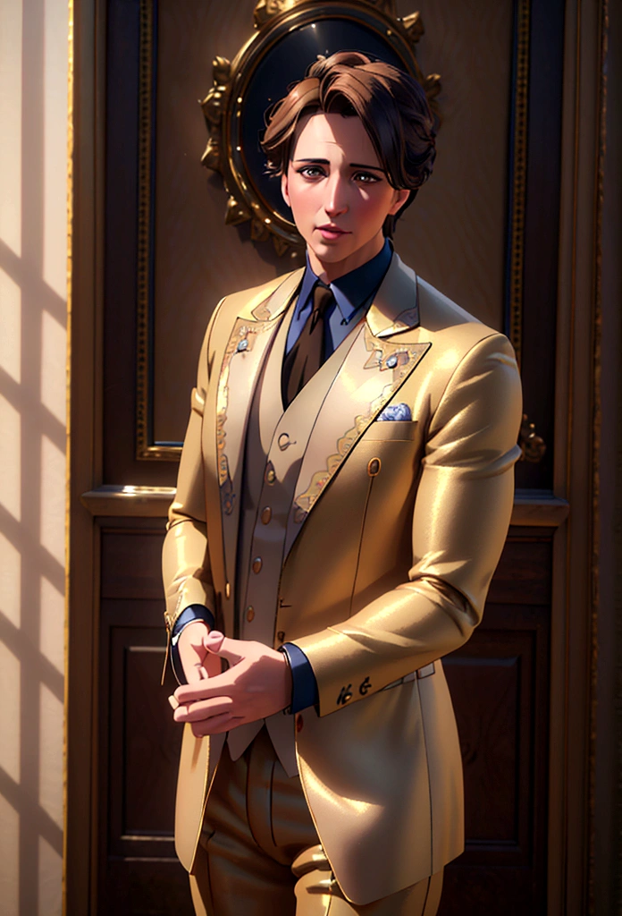 a baby boy with brown hair, wearing a prince suit jacket and pants,, (best quality,4k,8k,highres,masterpiece:1.2),ultra-detailed,(realistic,photorealistic,photo-realistic:1.37),exquisite details, adorable expression, peaceful, soft lighting, warm colors, glowing skin, intricate clothing textures,