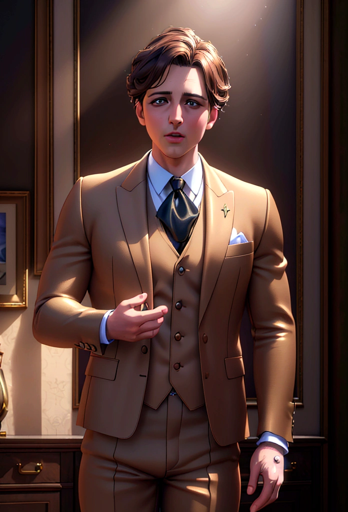 a with brown hair, wearing a prince suit jacket and pants,, (best quality,4k,8k,highres,masterpiece:1.2),ultra-detailed,(realistic,photorealistic,photo-realistic:1.37),exquisite details, adorable expression, peaceful, soft lighting, warm colors, glowing skin, intricate clothing textures,