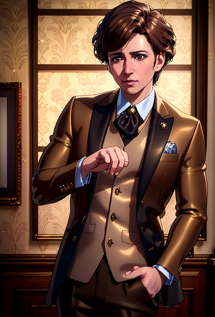 a  with brown hair, wearing a prince suit jacket and pants,, (best quality,4k,8k,highres,masterpiece:1.2),ultra-detailed,(realistic,photorealistic,photo-realistic:1.37),exquisite details, adorable expression, peaceful, soft lighting, warm colors, glowing skin, intricate clothing textures,