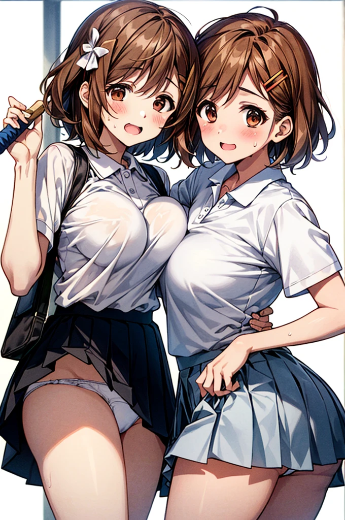 NSFW、独奏、(white micro mini skirt white、White pleated skirt、White tennis wear、White polo shirt、Big Breasts)、Toned body、Bare thighs、(Panty shot、White panties、Panties transparent with sweat、Mansuji)、(White tennis wear、White polo shirt、Big Breasts、white micro mini skirt white、White pleated skirt)、白シャツ越しに透けたBig Breasts、(short hair、Brown Hair、Barrette、hair ornaments)、(Brown eyes:1.5)、(yuihirasawa、yui hirasawa、Yui Hirasawa)、Big Breasts、Women's High、Tennis court、独奏