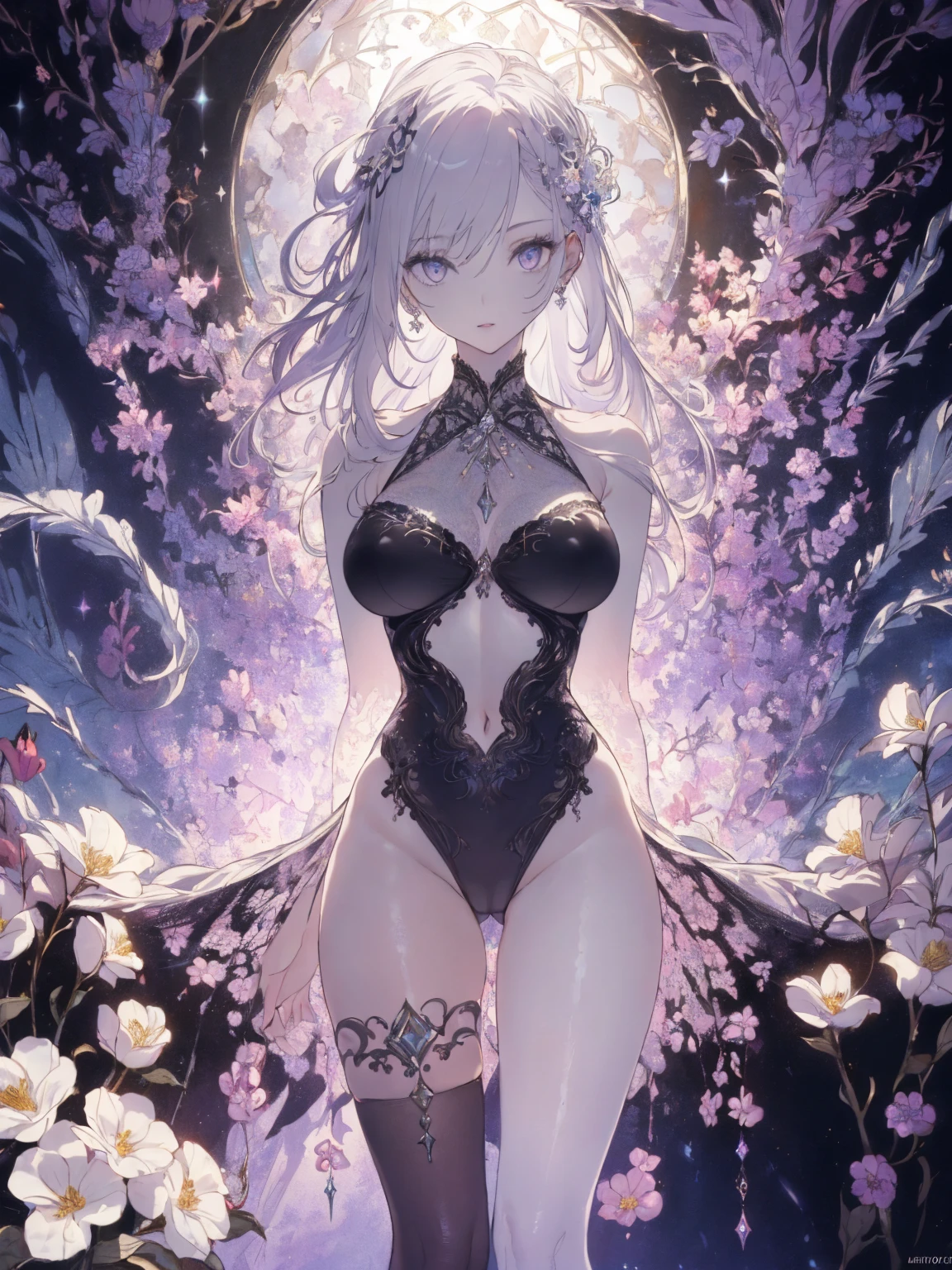 (with a woman in the bottom right of photo:1.5, in white garden:1.5), Masterpiece, best quality, (very detailed CG unity 8k wallpaper), (best quality), High definition RAW color art, Animation,sculptures, (black Marble Skin), (((Ultra detailed elegant))), Magical atmosphere, Detailed skin, Texture,(Intricately detailed, Fine detail, ultra-detail art), depth of fields, bokeh, Silky Touch, Hyper Detail, beautiful eyes, Elegant Face, (posing), sparkle background, enormous breast:1.4,  (opened legs, silver hair), pastel purple, skinny bikini, embarrassing face, flower,  Dramatic Light, Gwegs' ArtStation pixiv