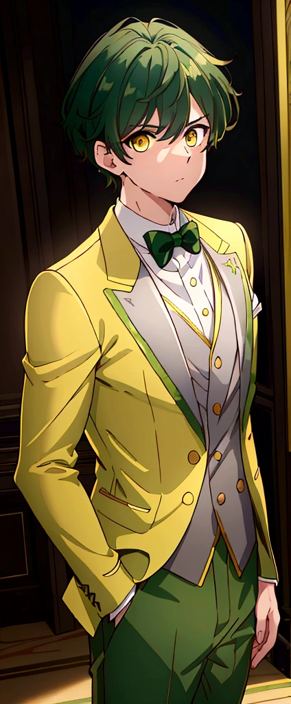 a  with dark green hair, yellow eyes, wearing a prince suit jacket and pants, (best quality,4k,8k,highres,masterpiece:1.2),ultra-detailed, adorable expression, peaceful, soft lighting, 