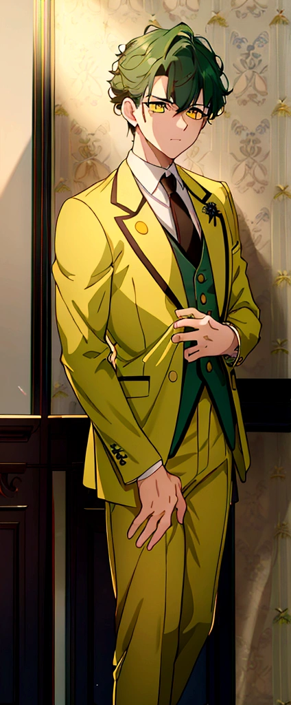 a  with dark green hair, yellow eyes, wearing a prince suit jacket and pants, (best quality,4k,8k,highres,masterpiece:1.2),ultra-detailed, adorable expression, peaceful, soft lighting, 