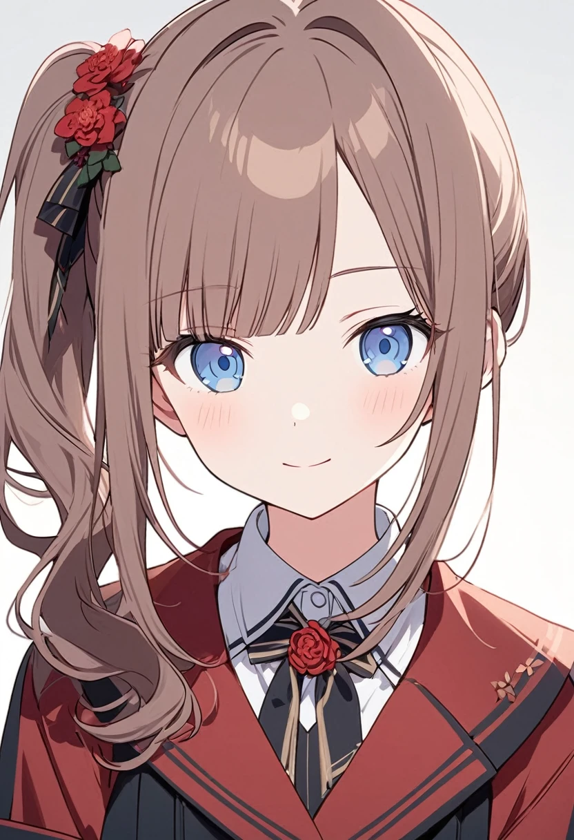 Generate an image of Honami Mochizuki from Project Sekai. She is a high school student with long, straight hair in a rosybrown color. Her hair is styled in a loose side ponytail positioned low on the right side of her head, with a slight curl. Her side hair is shorter and also slightly curled. She has straight-cut bangs,that frame her forehead. Often, She has big, gentle blue eyes and a warm, friendly expression.front view, blunt bangs