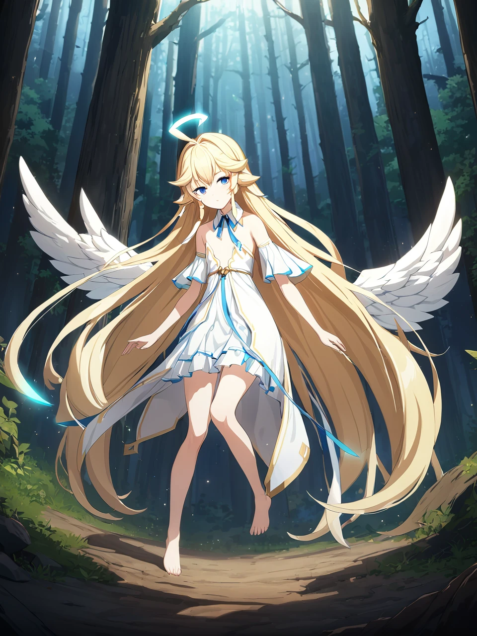 Zaora, blue eyes, (Variegated eyes:0.5), Blonde, Very long hair, Twin Blade, bangs, Ahoge, Hello, Angel, Flat Chest, White Dress, Belly button cutout, Detachable collar, Strapless, Neck ribbon, Bare shoulders, Angel wings, barefoot, One girl, Solo Break Space, forest, Depth of written boundary, Cinematic, masterpiece, Highest quality, Game CG