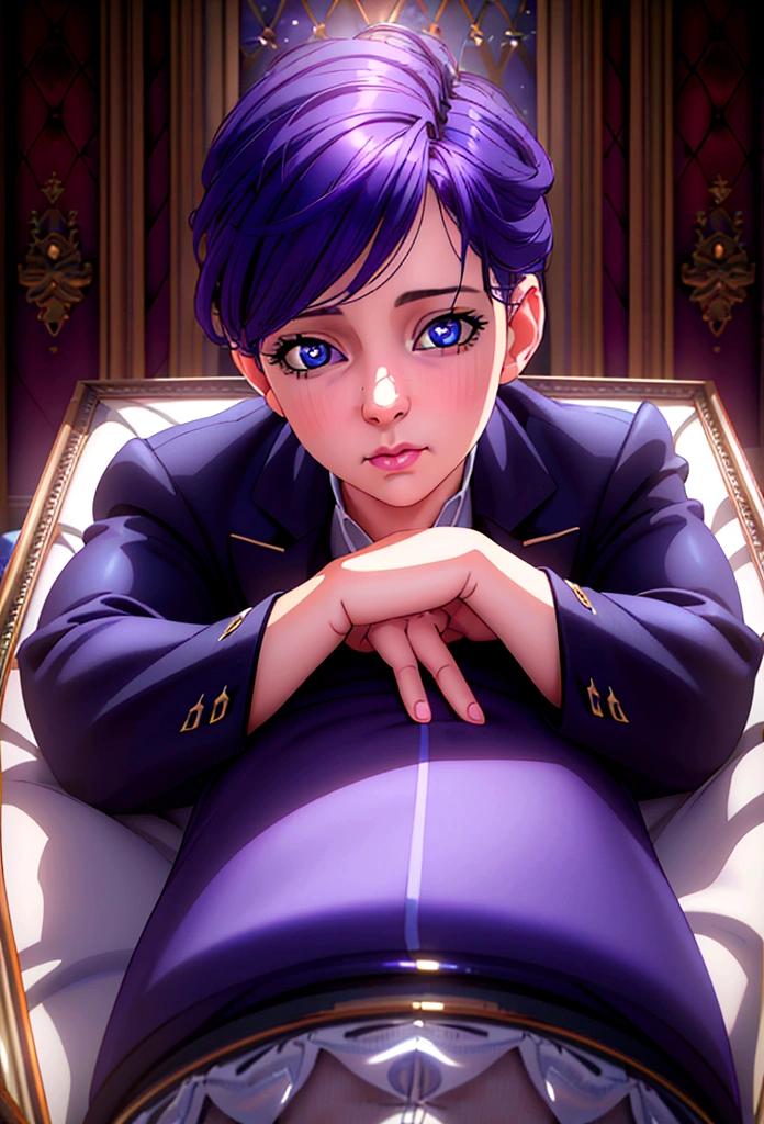 a baby boy with dark purple hair, blue eyes, wearing a prince suit and pants, laying in crib, (best quality,4k,8k,highres,masterpiece:1.2),ultra-detailed,(realistic,photorealistic,photo-realistic:1.37),exquisite details, adorable expression, peaceful, soft lighting, warm colors,