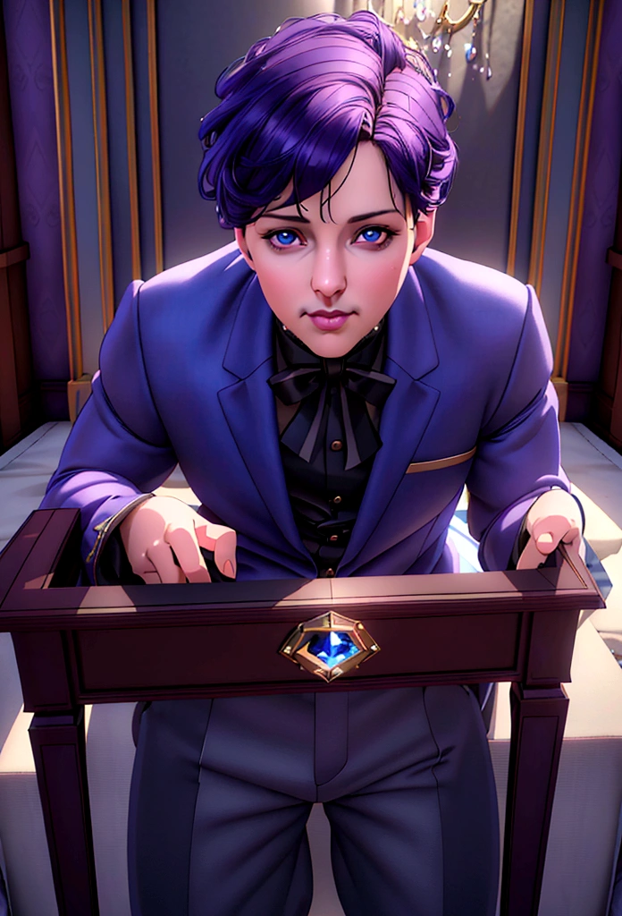 a baby boy with dark purple hair, blue eyes, wearing a prince suit and pants, laying in crib, (best quality,4k,8k,highres,masterpiece:1.2),ultra-detailed,(realistic,photorealistic,photo-realistic:1.37),exquisite details, adorable expression, peaceful, soft lighting, warm colors,