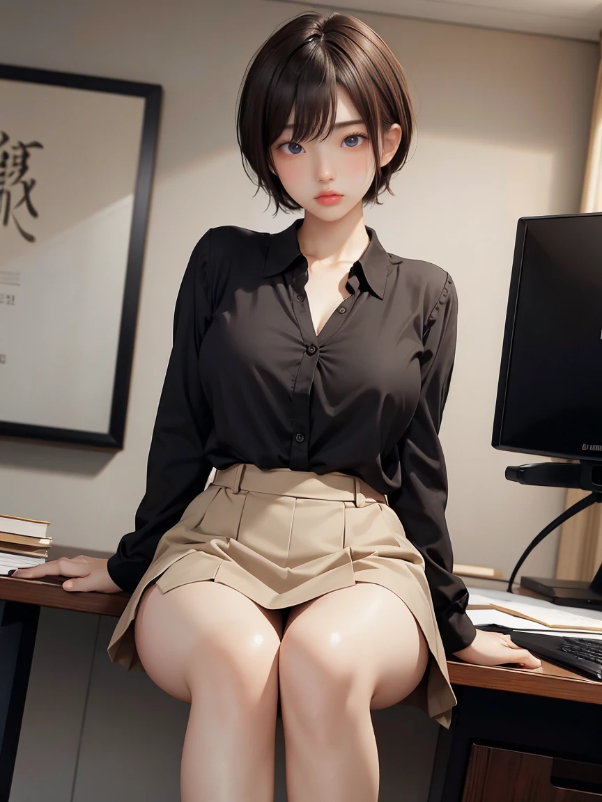 Japanese Idols Mature Woman (short hair) (Pixie Cut) plump Attractive appearance Short brown hair with bangs Rimless Glasses Big eyes Expressions of joy Big Breasts A formal outfit that combines a fitted shirt with a flared skirt In the office conference room masterpiece humidity Drawing from below Portraiture Low Angle Beautiful legs Split Squat Spread your legs