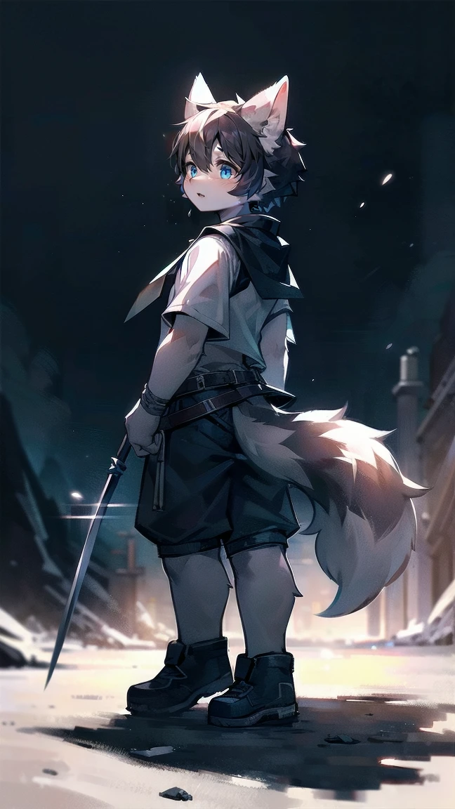 White Wolf,black hair,Sky blue eyes,hairy,Wolf ears,Wolf tail,Full body portrait,The character is in the center of the frame,Handsome,Confident eye***but,juvenile,Black and white combat uniform,Red neck bib,Black shorts,Short sleeve,hairy arms and legs,Dark background,Dark battlefield,dawn,sunrise,dawn,illumination,shadow,Swordsman,Scabbard and Hold the hilt of a in your hand,The scabbard is at the waist,Highest quality,A tall stature