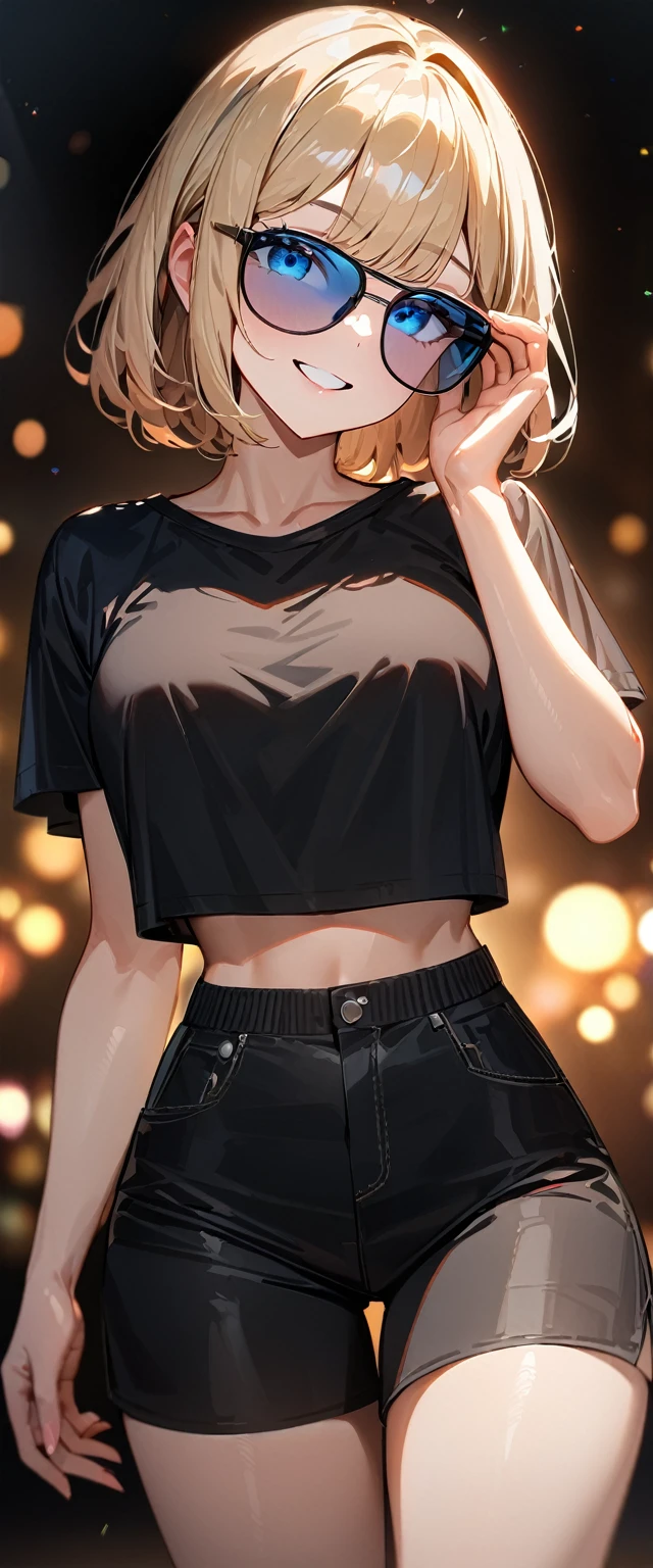 (((One girl))), beach, blond hair, bob cut, breasts, from front, (cowboy shot), (looking at viewer), ((black shorts)), ((black crop top overhang)), short sleeves, Casual Stance, ((sunglasses)), hand to sunglasses, midriff peek, ager, head tilt:1.3, (((blue eye))), ((happy smile)), anime style, (best quality, 4k, 8k, highres, masterpiece:1.2, ultra-detailed, ultra-detailed eyes, HDR, UHD, studio lighting, ultra-fine painting, sharp focus, physically-based rendering, extreme detail description, professional, vivid colors, bokeh), ((Highest quality, Best image quality, Ultra-high resolution, Ultra-high resolution, solo, Strong eye highlights)), Depth of written boundary, Natural soft light, attractive, Beautiful Face, Cleanliness, Pure Face, nedium chest, Beautiful Face, Perfect Fingers, Perfect hands, Perfect body, Perfect Face, Shine a light into your eyes, Perfect Anatomy