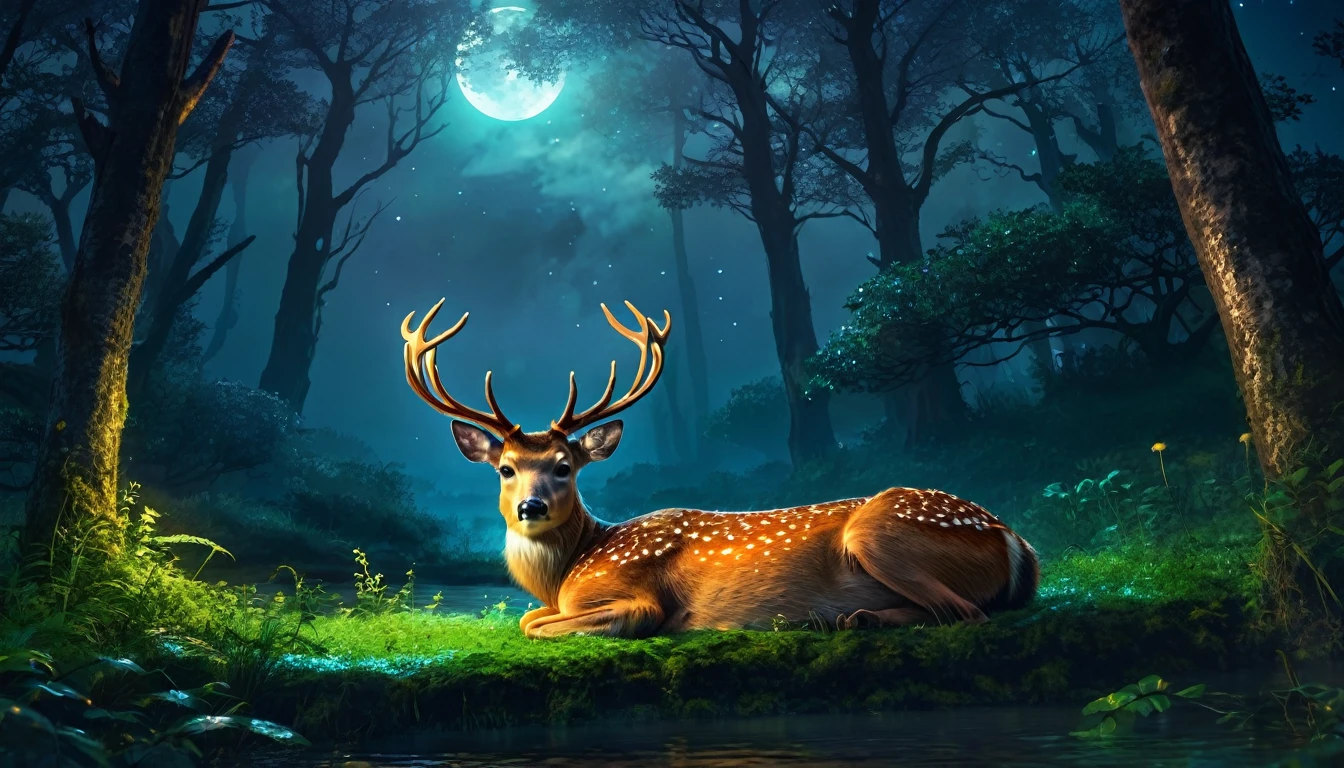 Rainy night forest　Fantasy　A deer lying down　Highest quality