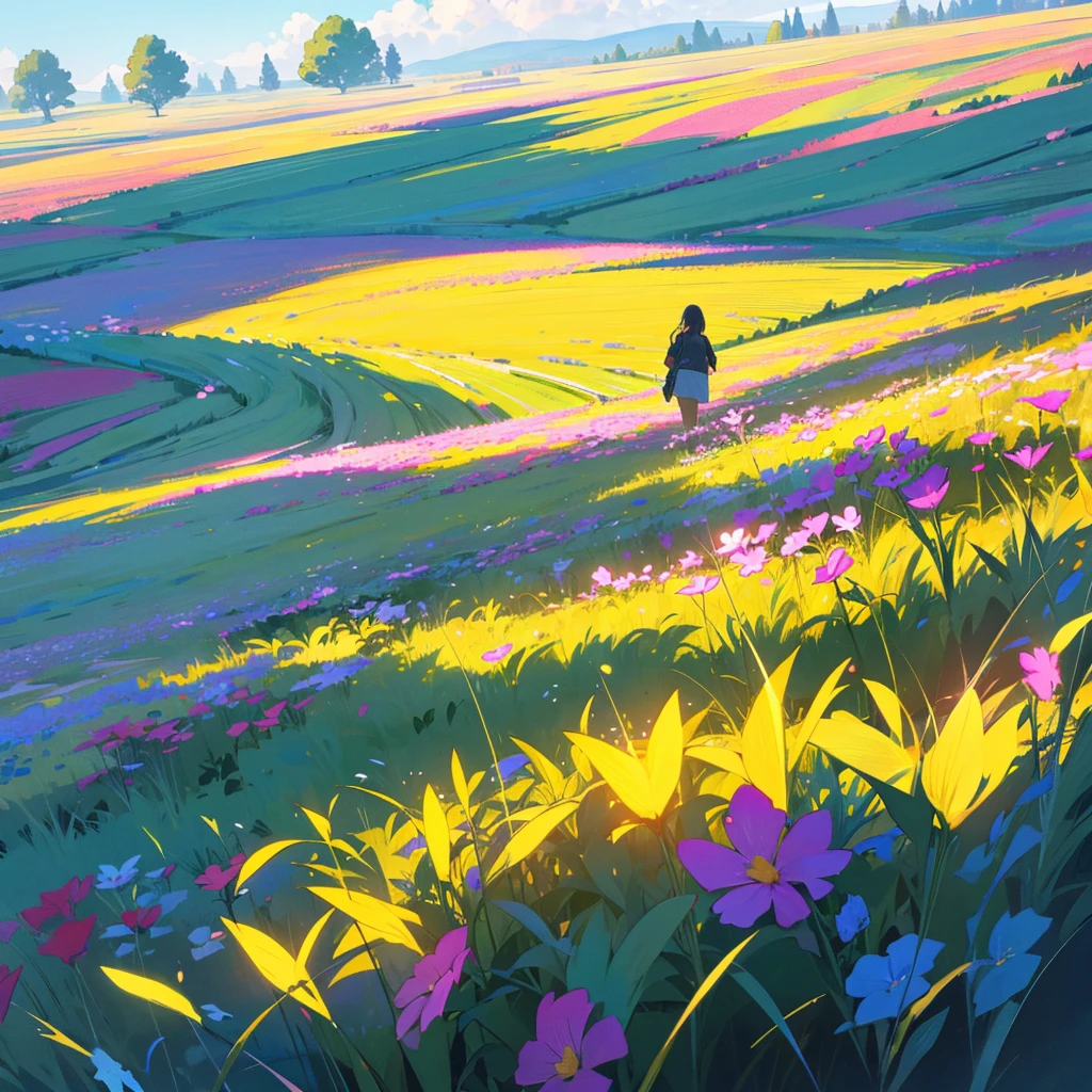 Generates an image of a beautiful landscape of a field illuminated with many flowers with several people enjoying the place