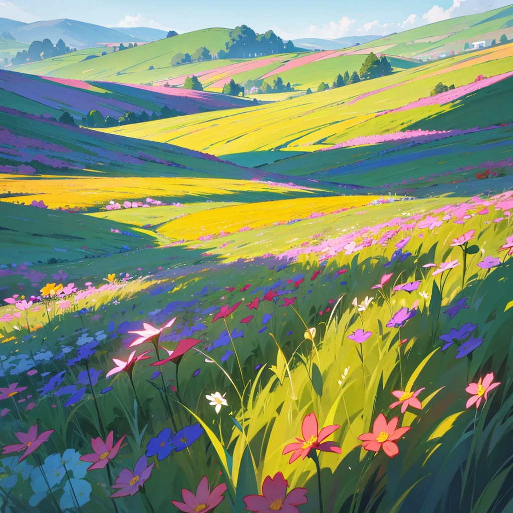 Generates an image of a beautiful landscape of a field illuminated with many flowers with several people enjoying the place