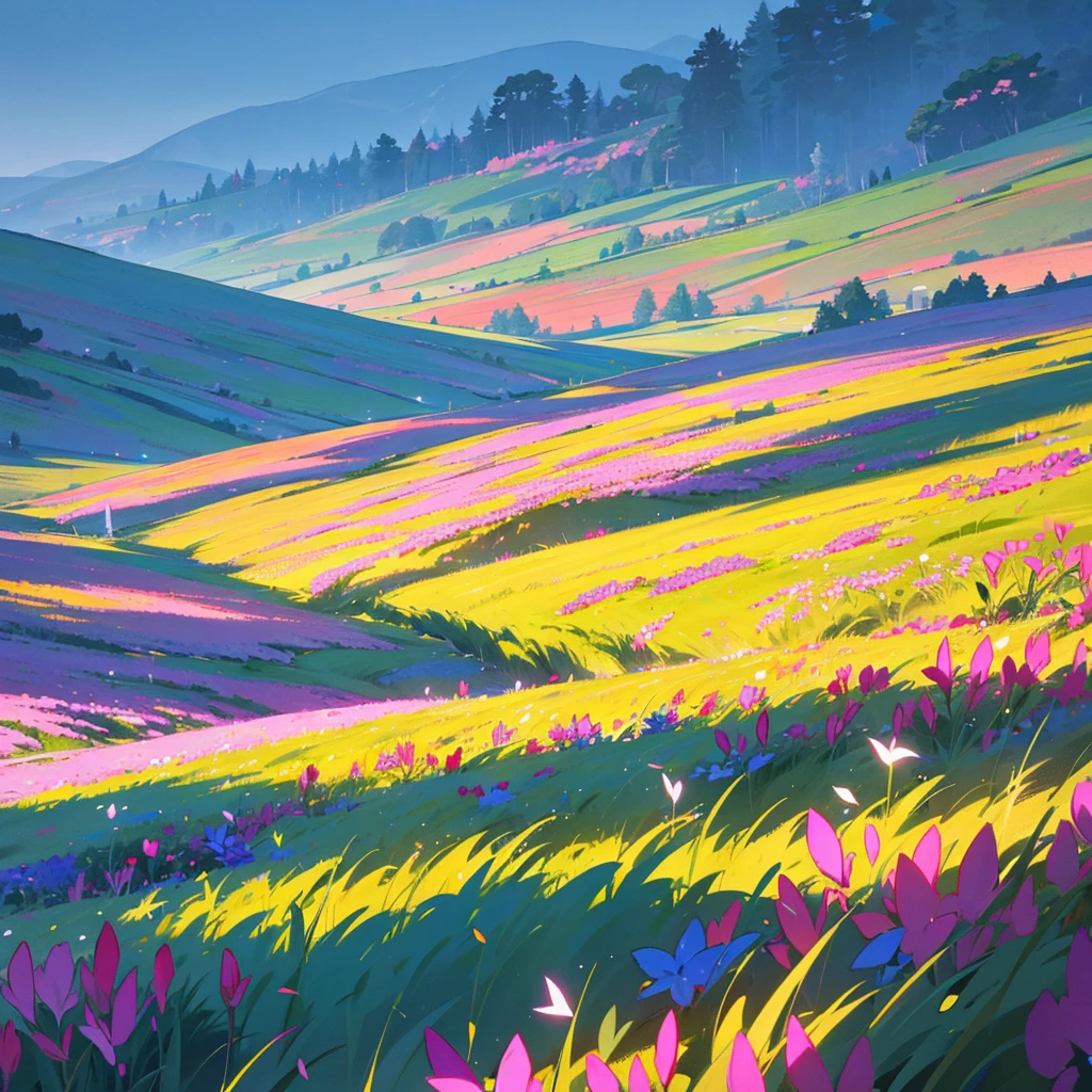 Generates an image of a beautiful landscape of a field illuminated with many flowers with several people enjoying the place