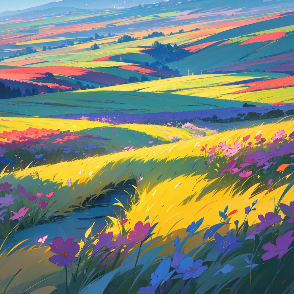 Generates an image of a beautiful landscape of a field illuminated with many flowers with several people enjoying the place
