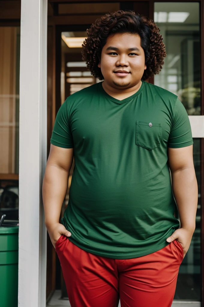 Chubby filipino wearing a green tshirt and red pants and has a curly brown hair