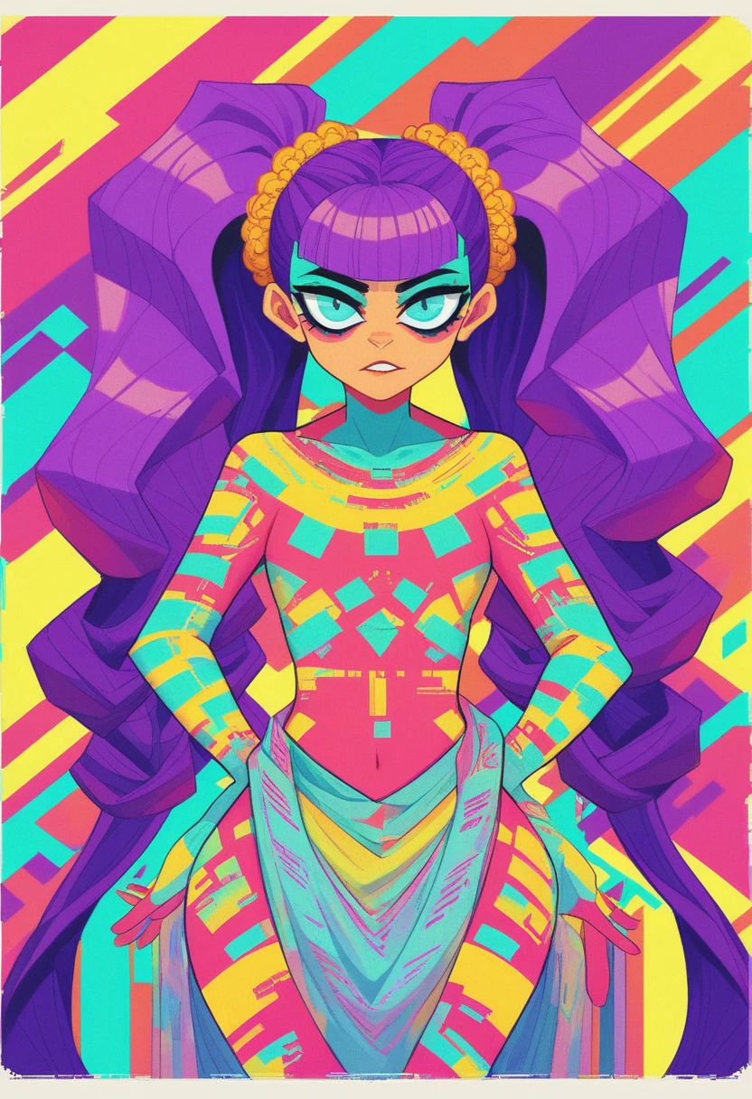 (absurdres, highres, ultra detailed), (1girl:1.3), twintails, purple hair, BREAK , glitch art, digital distortion, pixelated fragments, data corruption, colorful noise, visual chaos, contemporary aesthetics BREAK , enamel art, glass-like surface, vibrant colors, glossy finish, reflective textures, rich pigments, fluid forms BREAK , ethnic style, traditional clothing, vibrant patterns, handmade textiles, cultural motifs, beaded jewelry, artisanal accessories, T pose, front view