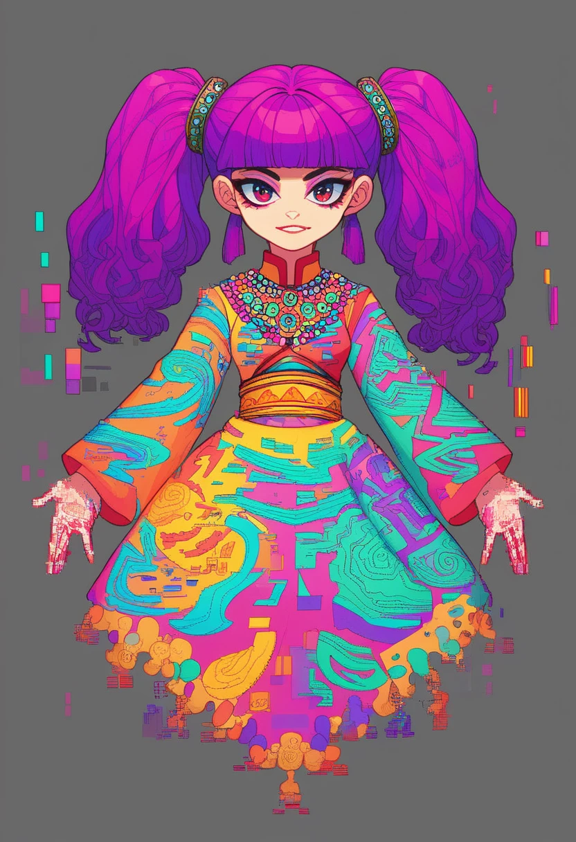 (absurdres, highres, ultra detailed), (1girl:1.3), twintails, purple hair, BREAK , glitch art, digital distortion, pixelated fragments, data corruption, colorful noise, visual chaos, contemporary aesthetics BREAK , enamel art, glass-like surface, vibrant colors, glossy finish, reflective textures, rich pigments, fluid forms BREAK , ethnic style, traditional clothing, vibrant patterns, handmade textiles, cultural motifs, beaded jewelry, artisanal accessories, T pose, front view