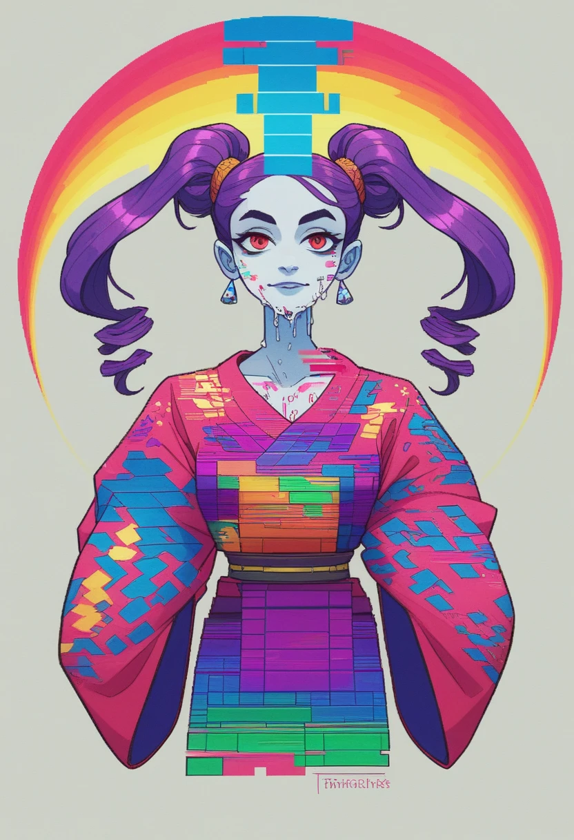 (absurdres, highres, ultra detailed), (1girl:1.3), twintails, purple hair, BREAK , glitch art, digital distortion, pixelated fragments, data corruption, colorful noise, visual chaos, contemporary aesthetics BREAK , enamel art, glass-like surface, vibrant colors, glossy finish, reflective textures, rich pigments, fluid forms BREAK , ethnic style, traditional clothing, vibrant patterns, handmade textiles, cultural motifs, beaded jewelry, artisanal accessories, T pose, front view