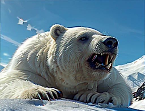 Female astronaut gets attacked in the face by polar bear , A frontal image of the moment of a polar bear attack on Expectador . The polar bear attacks the spectator with his binges, the bear is furious . Animal rage rage 