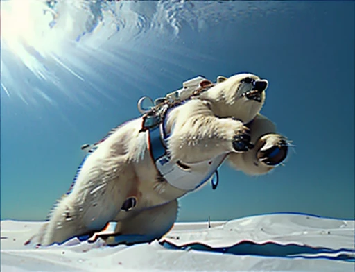 Female astronaut gets attacked in the face by polar bear , A frontal image of the moment of a polar bear attack on Expectador . The polar bear attacks the spectator with his binges, the bear is furious . Animal rage rage 