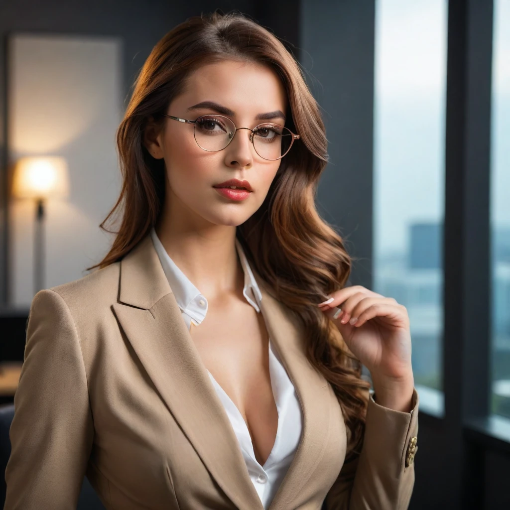 beautiful young woman with chestnut medium hair, frowning expression, perfect proportions, large breasts, slim waist, large hips, wearing a business suit, thoughtful in an office environment, (bust shot:1.6), (holding glasses, placing the tip of the glasses frame on her lip:1.9), high quality, 8k, masterpiece, ultra-detailed, realistic, photorealistic, portrait, studio lighting, dramatic lighting, warm colors, cinematic, cute sexy girls