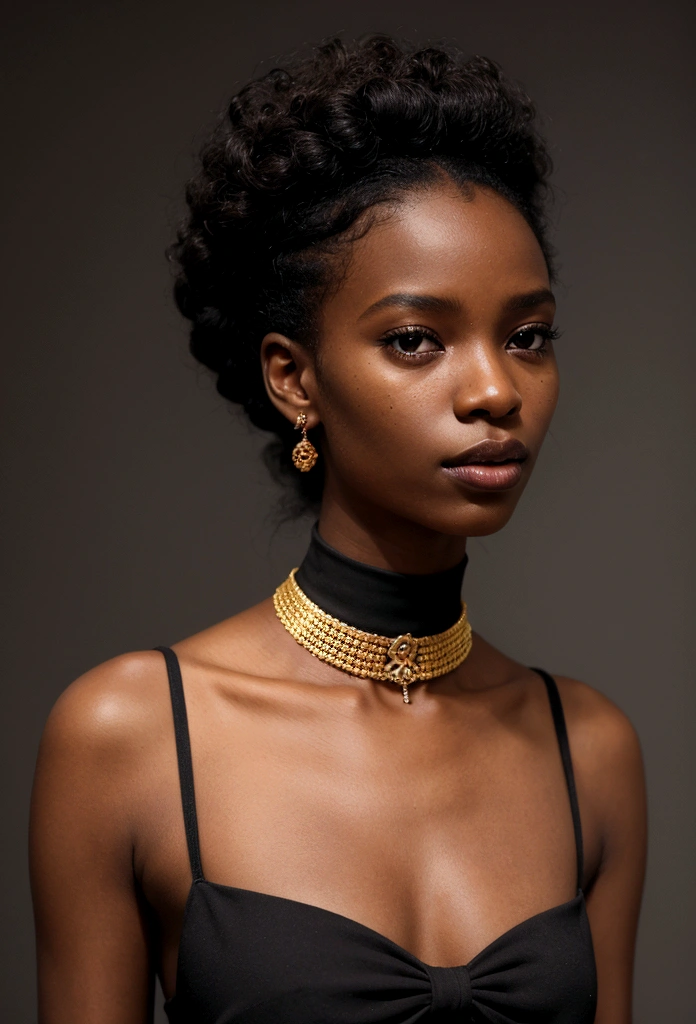 Il y a une femme avec une chemise noire et un collier en or, photo of a black woman, dark-skinned, with brown skin, dark skinned, Wear a detailed gold choker, Jeune femme noire, Porter un choker noir, Maria Borges, inspired by Theo Constanté, peau noire!!!, taken in the early 2020s, very dark brown skin!