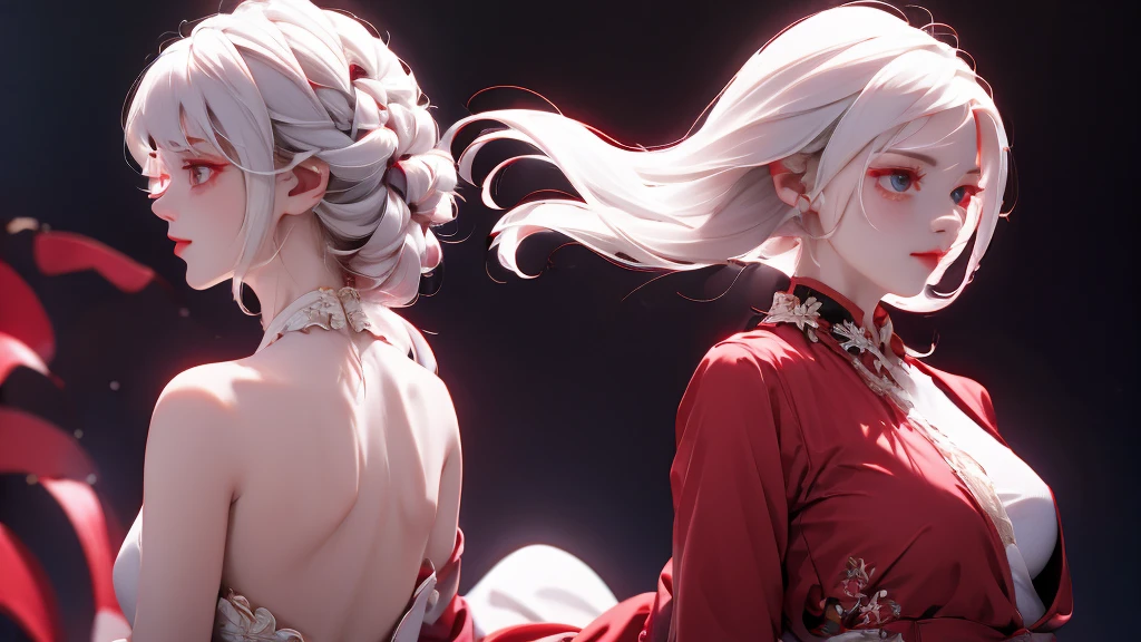 1 Girl, medium light white hair, light white eyes, wearing Red Suit 4D , night TOWN 18+, high res, ultrasharp, 8K, masterpiece, looking from behind