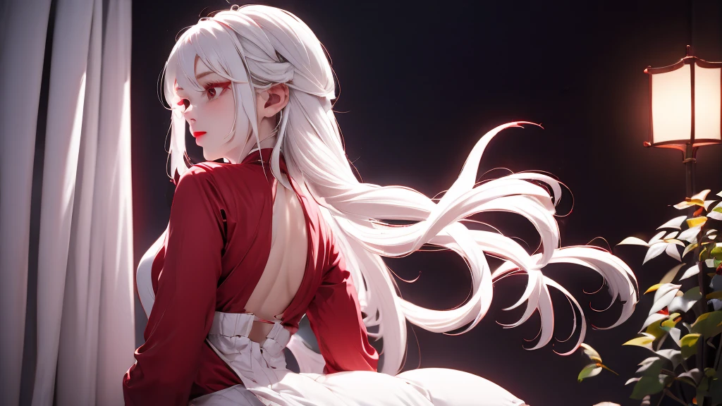 1 Girl, medium light white hair, light white eyes, wearing Red Suit 4D , night TOWN 18+, high res, ultrasharp, 8K, masterpiece, looking from behind