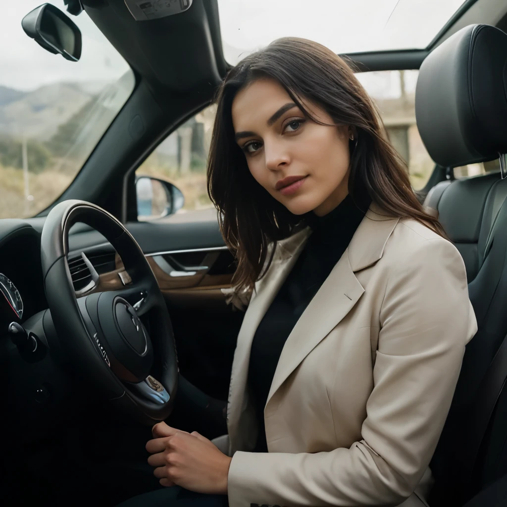 This captivating portrait showcases an alluring, glamorous individual behind the wheel of a high-end vehicle. The subject's striking features, including her smoky eye makeup and full, glossy lips, command attention, exuding a sense of confidence and poise.
The subject's gaze, directed intently at the camera, conveys a captivating intensity, as if she is deeply focused on the task at hand. Her hands, delicately placed on the steering wheel, further accentuate her elegant, refined presence.
The interior of the vehicle, with its sleek, modern design and array of digital controls, provides a visually striking backdrop that complements the subject's sophisticated, tech-savvy persona. The muted, earthy tones of her patterned jacket add a touch of warmth and depth to the overall composition.
The natural, lush scenery visible through the windshield suggests a journey through a picturesque, serene landscape, creating a sense of exploration and adventure that further enhances the allure of the subject's lifestyle.
This portrait successfully captures the subject's captivating blend of beauty, confidence, and technological prowess, inviting the viewer to imagine the intriguing stories and experiences that may unfold within the confines of the luxurious, high-end vehicle.
