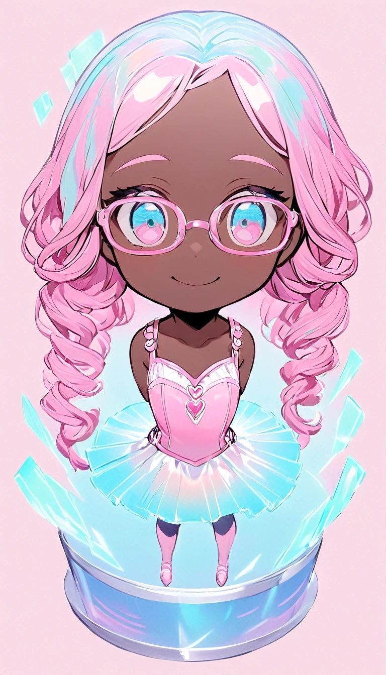 cute black girl, stuck hair, loose hair, Modern accessories , glasses, detailed eyes, Detailed smile, Wear a pink ballet dancer costume, Detailed details, holographic, Clear and simple background