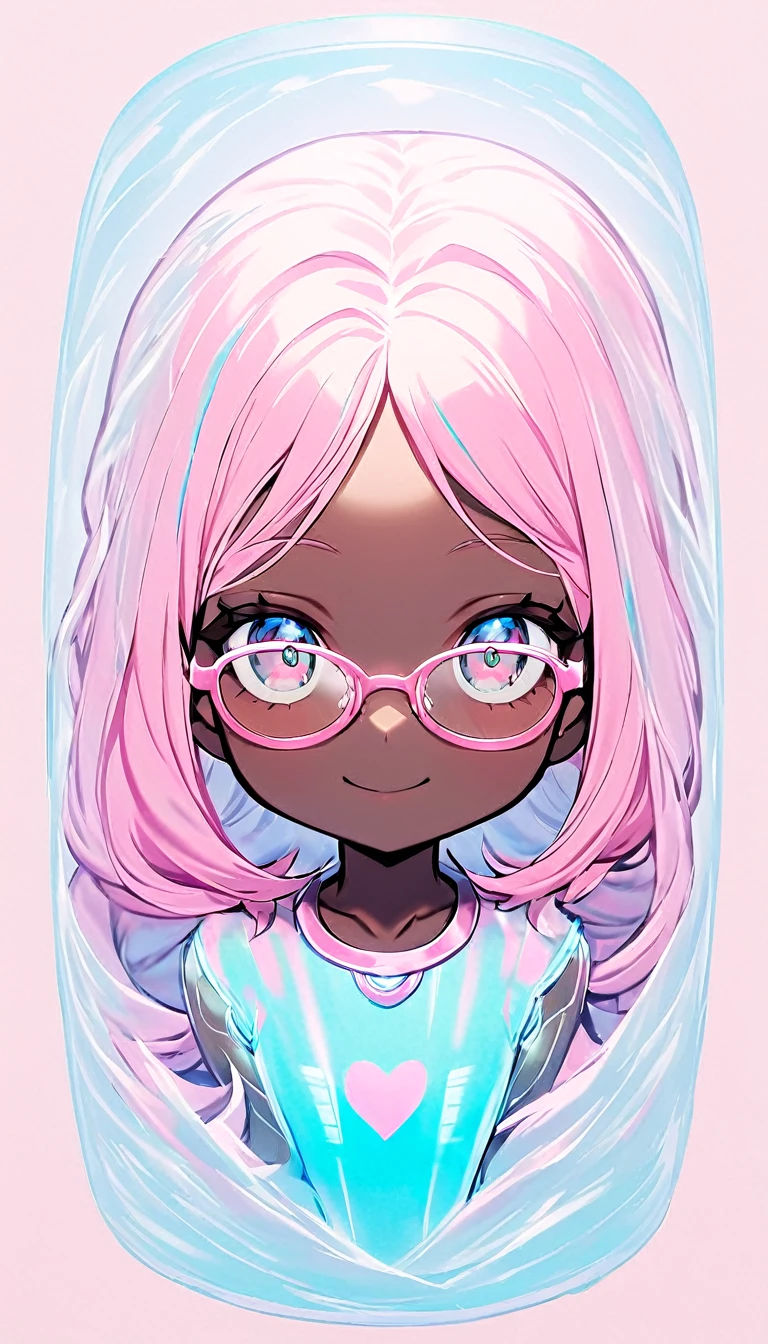 cute black girl, stuck hair, loose hair, Modern accessories , glasses, detailed eyes, Detailed smile, Wear a pink ballet dancer costume, Detailed details, holographic, Clear and simple background