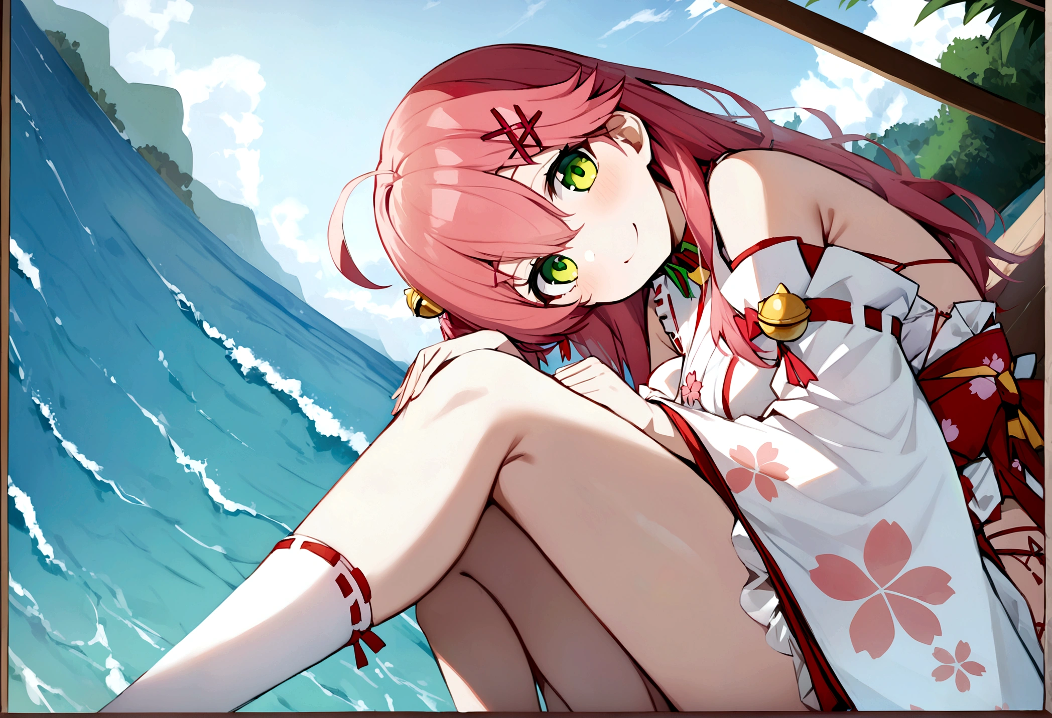 ((masterpiece,Highest quality)),One girl, Day, Swimwear, View your viewers, Recall, Ocean, Miko 1, sakura miko, Green Eyes, alone, Ahoge, X Hair Ornament, Pink Hair, Single knee socks, Side bust, Hair Clip, Hair Bell, Floral print, Long Hair, Hair between the eyes, One side up, White knee socks, Asymmetrical legwear, Wide sleeves, smile, sunny, Sleeping together