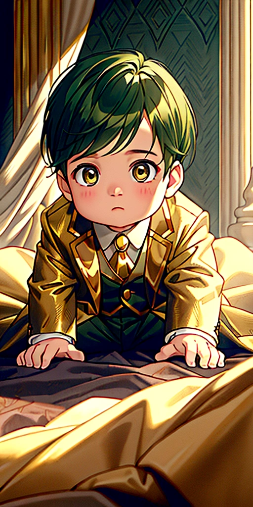 a baby boy with dark green hair, gold eyes, wearing prince suit