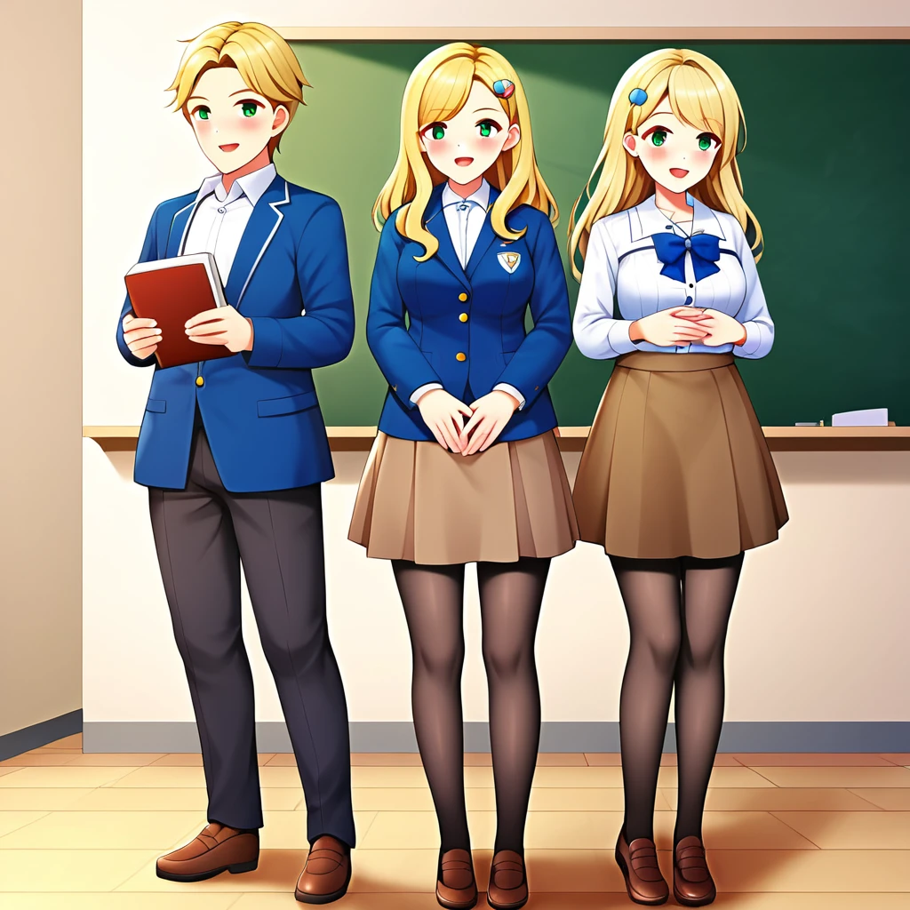 ellenbaker, 1girl, green eyes, blue jacket, white shirt, brown skirt, blonde long hair, hair ornament, pantyhose, brown footwear, school, classroom, standing, holding books, upper body, chalkboard, masterpiece, best quality, highres,, nice hands, perfect hands
