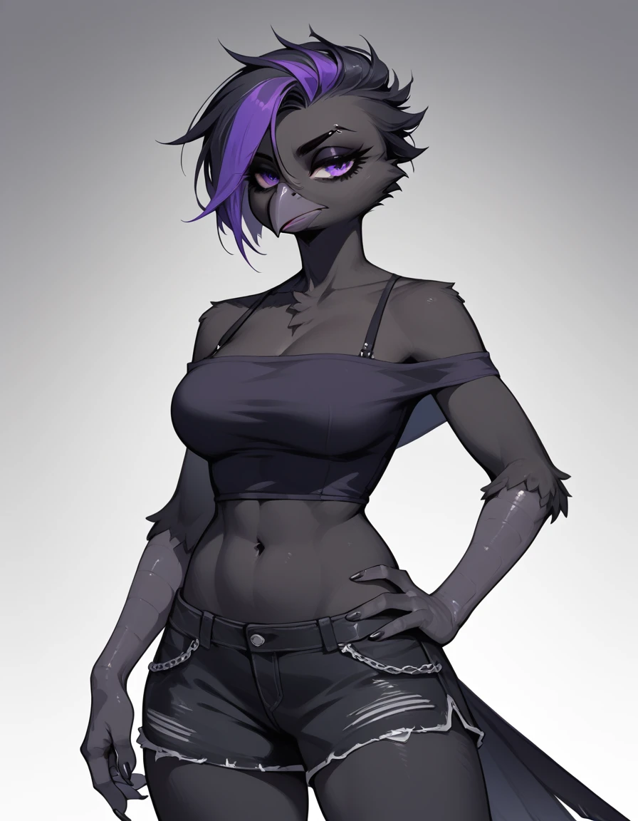 score_9, score_8_up, score_7_up, Sera, anthro avian girl, mature adult, black feathered body, black hair with purple highlight, jitome, expressionless, purple eyes, eyes half open, wearing black emo top, exposed shoulder, black short shorts, hourglass figure, one hand on hip, in a bedroom, looking at viewer