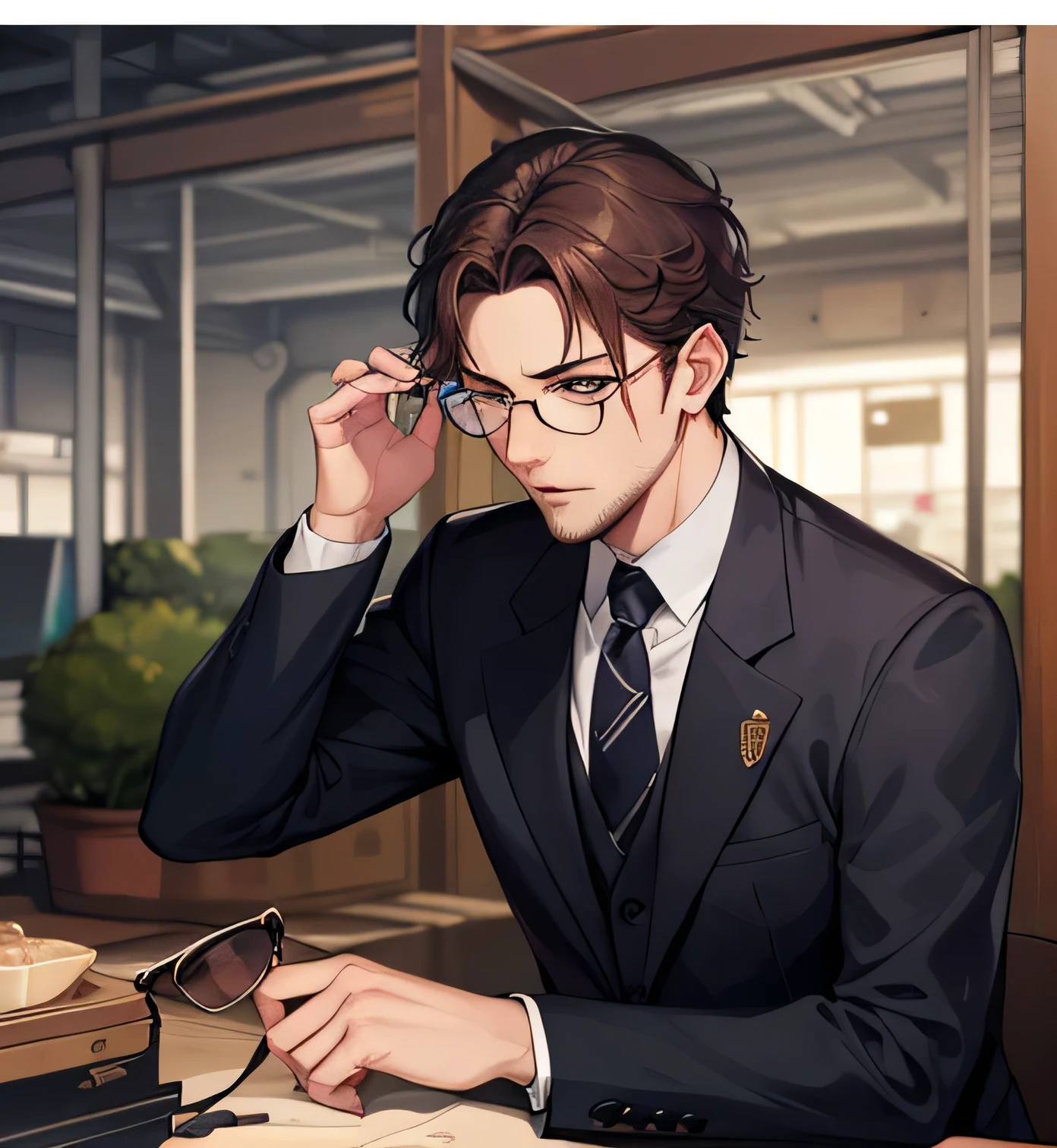 (masterpiece, best quality, detailed background),(perfect face),(Wearing Glasses/wear glasses/Wearing glasses:1.3),(action moving of putting on glasses:1.2),factory line,dandy gentleman face,muscle metal robot face,waist sitting,A professional modeler is working on a plastic model while swirl glasses.,look at view